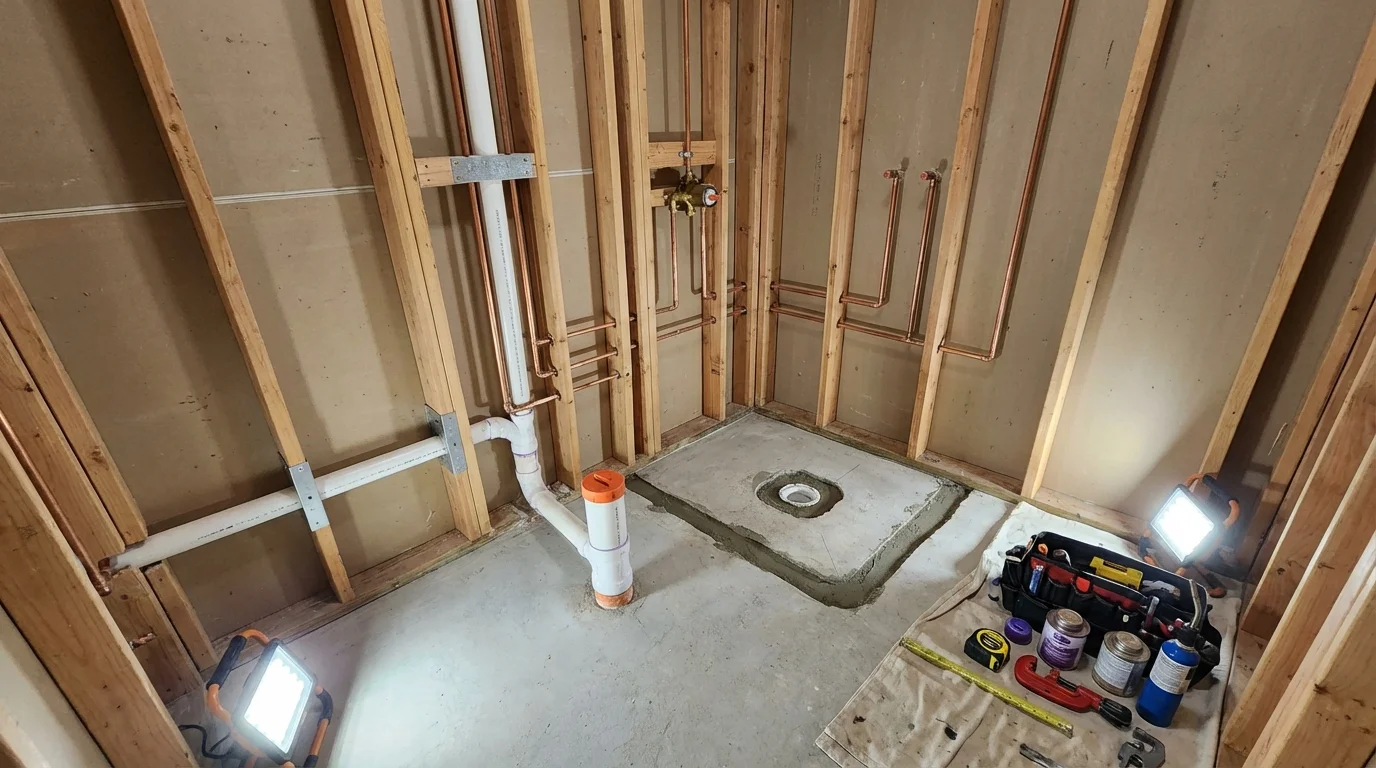 Bathroom rough-in plumbing during remodel by Johns Plumbing LLC in Effingham