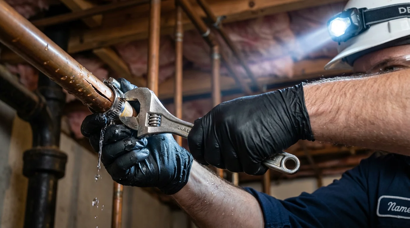 Emergency pipe clamp repair being performed by a Johns Plumbing LLC plumber in Effingham
