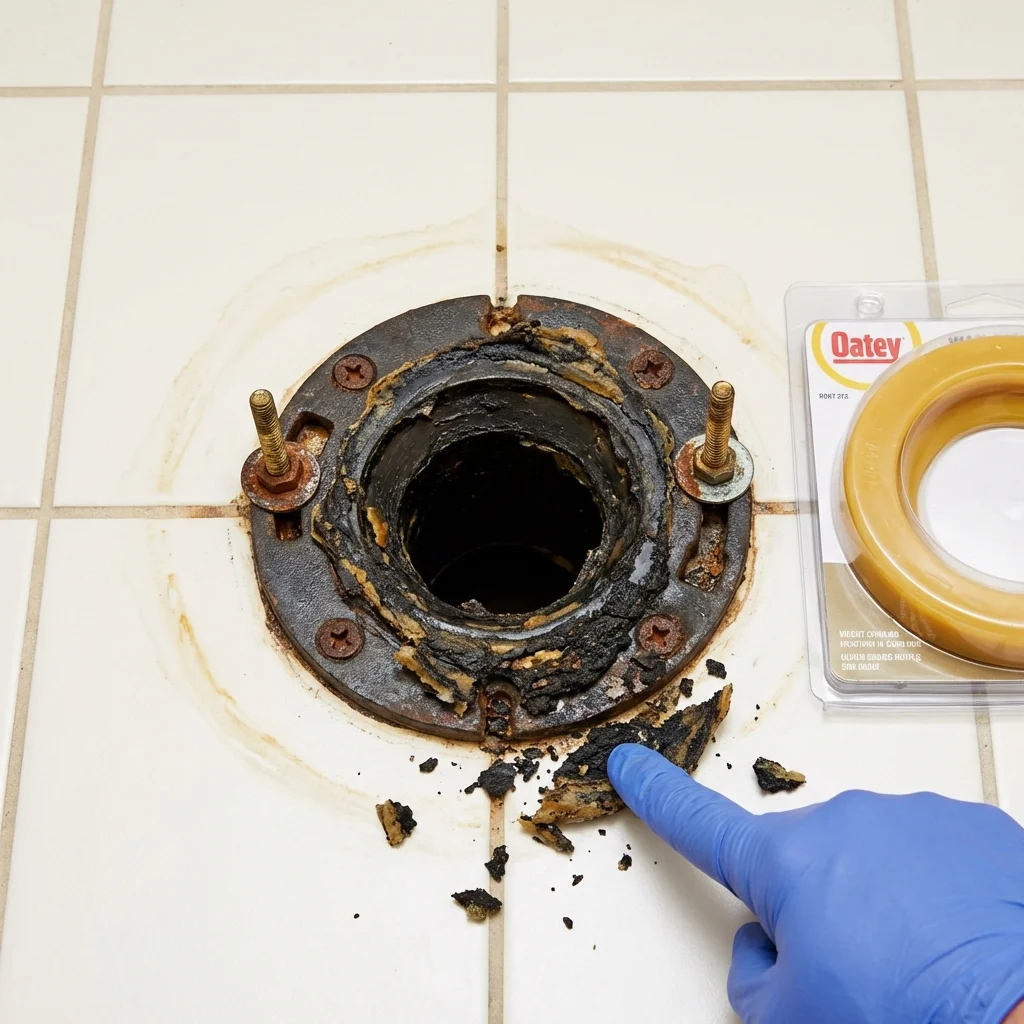 Failed wax ring showing water seepage at the base of a toilet in a Effingham, NH home
