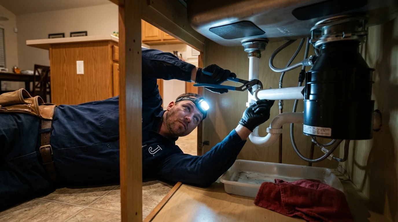 P-trap and supply line connections under a kitchen sink showing a common leak point in Effingham, NH